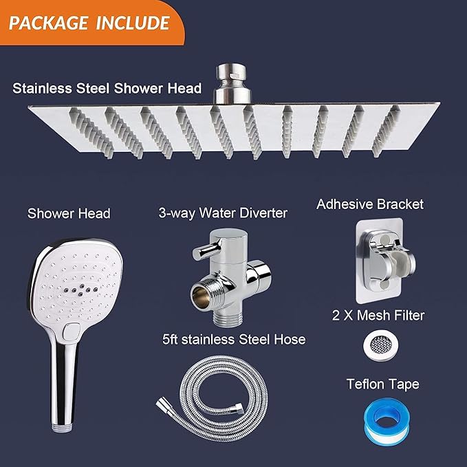 NearMoon Shower Head with Hose, High Pressure Stainless Steel Rain Shower and 3 Settings Handheld Spray Combo with Push Button Flow Control (8 Inch, Chrome Finish)