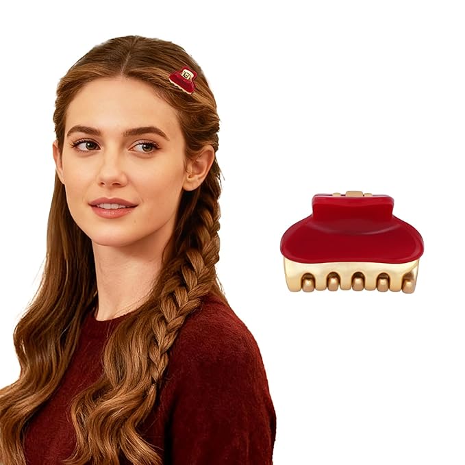 1.2" Mini Claw Clips for Women Girls - Minimalist Double-Layer 18K Gold Painted Hair Clips for Thin Short Hair, Small Non-Slip Luxury Hair Accessories for Daily Face Wash & Makeup, Red