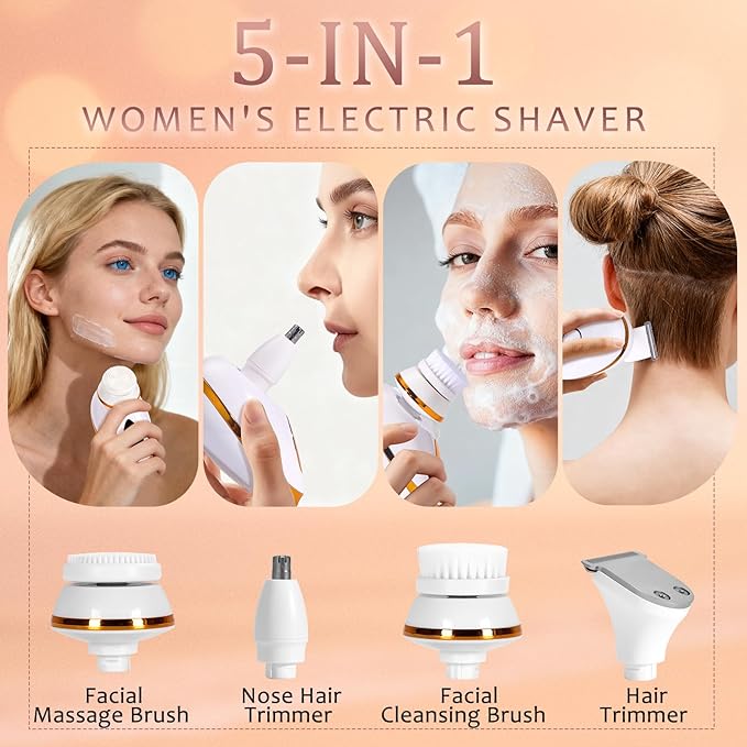 5-in-1 Electric Razors for Women, Facial Hair Remover & Women’s Shaver for Legs with 5D Floating Head, Waterproof Rechargeable Body Shaver Lady Trimmer, Travel Razor Kit for Sensitive Skin/Bikini Line
