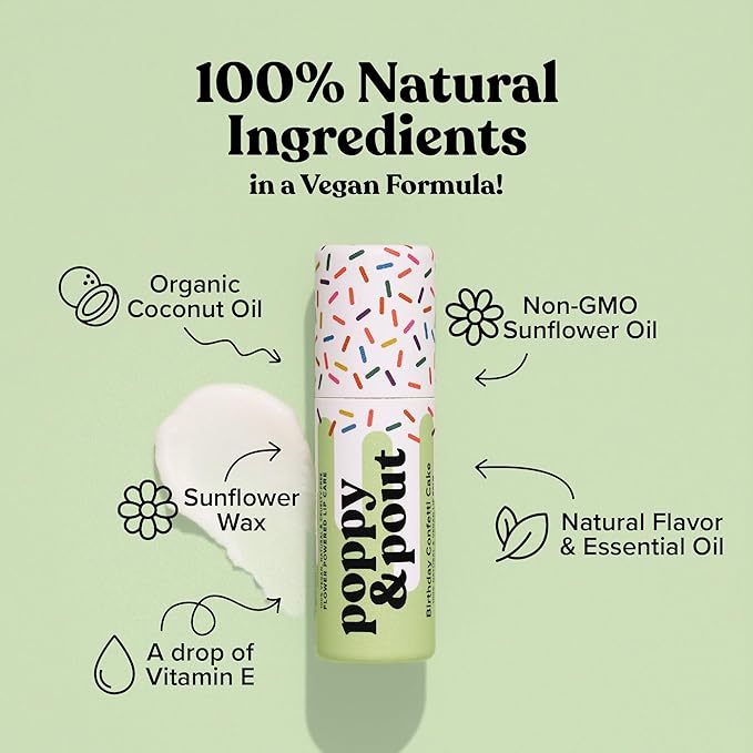 Poppy & Pout Birthday Cake Jumbo Lip Balm | All Natural Lip Balms & Moisturizers | Hydrates with Beeswax, Vitamin E, Organic Coconut Oil | Cruelty-Free | Lip Balm in Recyclable Cardboard Tube (Green)