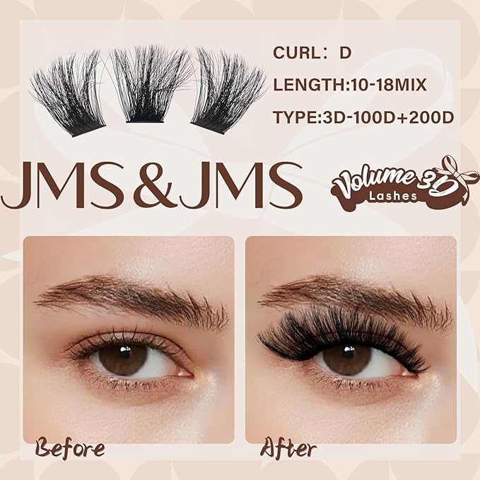 JMS&JMS Lash Clusters Kit 100D+200D Thick Cluster Lashes 3D Effect Eyelash Clusters Kit 10-18mm Volume Eyelash Clusters D Curl 3D Wispy Lash Clusters DIY Lash Extension Kit