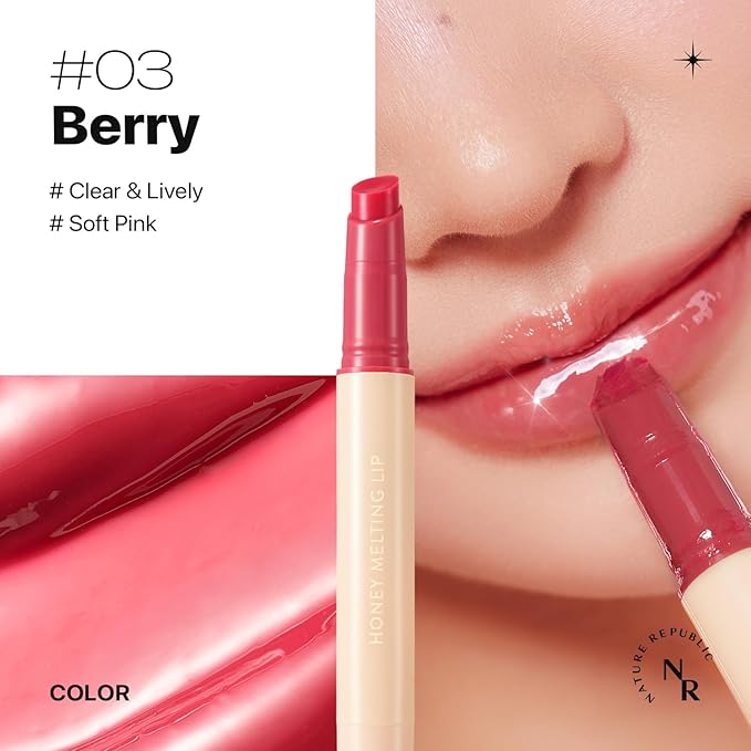 Nature Republic HONEY MELTING LIP (03 BERRY) SOFT LIP STICK, Hydrating Gloss, Moisturizing balms, Sheer tint, Shine & Glowy Finish, korean make up