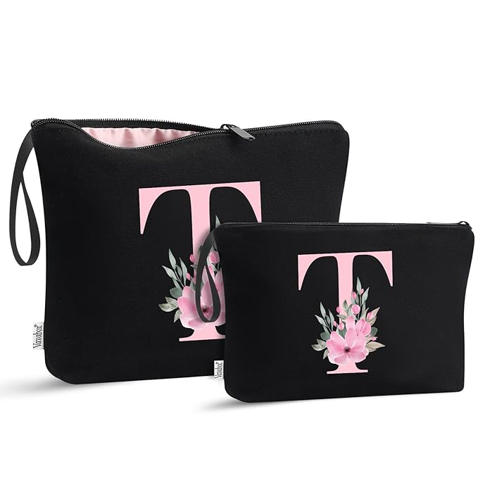 Vavabox A-Z Personalized Makeup Bag, Birthday Gifts for Women Mom, Gifts for Best Friend, Bride Bridesmaid Cosmetic bag (T, 04-Black Set)