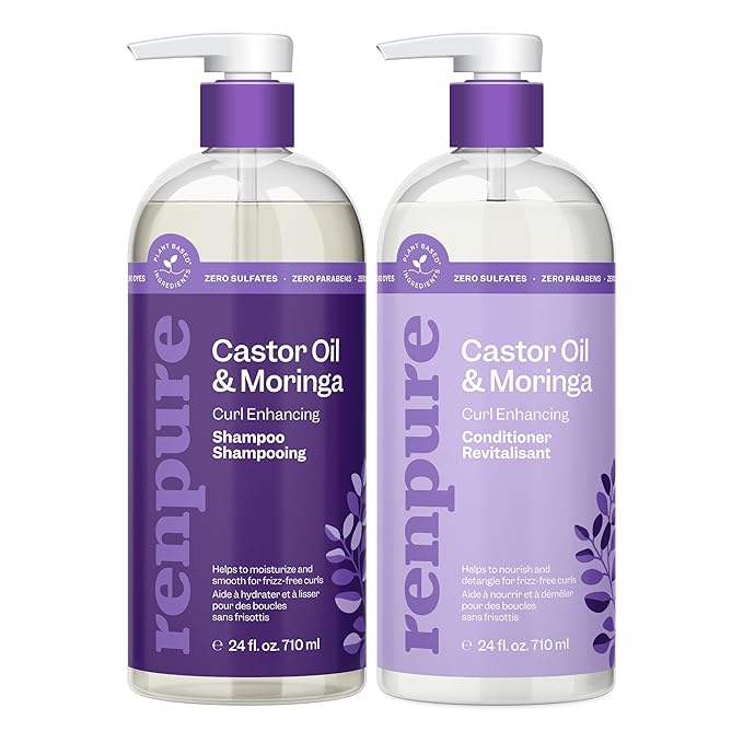 Renpure Castor Oil & Moringa Shampoo and Conditioner Set, Plant-Based*, Curl Enhancing, Moisturized, Manageable & Frizz-Free Curls -Castor & Moringa Seed Oil - Wavy to Curly Hair-24 Fl Oz each, 2 Pack