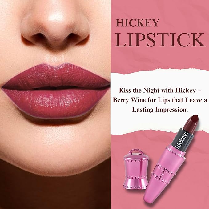 Hickey Lipstick Set, Big Trouble (Berry Wine), Refillable Silver Case with Chain, Satin Pouch & Ribbon (Wearable Necklace), Long Lasting Hydrating Velvet Finish Lipstick for Women, Vegan & Gluten-Free