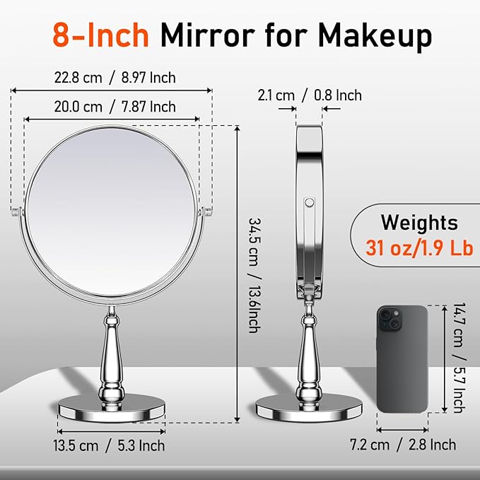 30X Magnifying Mirror, Vanity Mirror Tabletop for Women, Metal Makeup Mirror with Magnification, Desk Mirror with Stand for Home & Office Decoration, Great Gift Option, 8 Inch