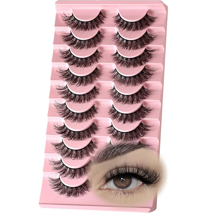 FARRED Natural Lashes Short Eyelashes Wispy False Mink Lash Strips 10 Pair Natural Look Fluffy Cat Eye Strip Eyelash Small Fake Lashes Full Pestañas Postizas Sets for MUA and Beginners Daily Makeup