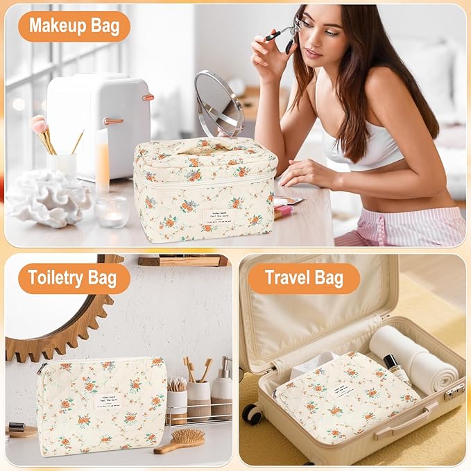 URSKYTOUS 3Pcs Cotton Quilted Makeup Bag for Women Girls Large Small Travel Floral Cosmetic Bags Set Cute Coquette Zipper Makeup Pouch for Purse Aesthetic Cloth Flower Storage Toiletry Bag Organizer