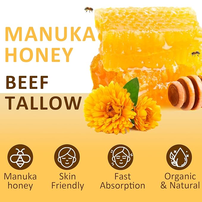 Beef Tallow, Beef Tallow for Skin, Tallow Face Moisturizer, Honey-Flavoured Whipped Tallow Face Cream Moisturizer Beef Tallow Blam Grass Fed Body Lotion Skin Care, 5.3 OZ