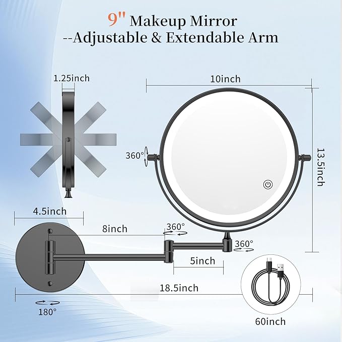 FUNTOUCH 9" 30X/1X Wall Mounted Lighted Makeup Mirror, 5000mAh Rechargeable Double Sided Magnifying Mirror with Adapter, 3 Color Lights,Touch Dimmable, 360 Rotation Extended Arm for Bathroom,Black