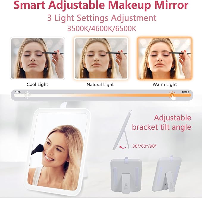 GERYUAEG Travel Makeup Bag with Mirror of LED Lighted, Rechargeable Cosmetic Train Case Artist Makeup Organizer for Women with Adjustable Dividers, Makeup Brushes Holder and Strap (White)