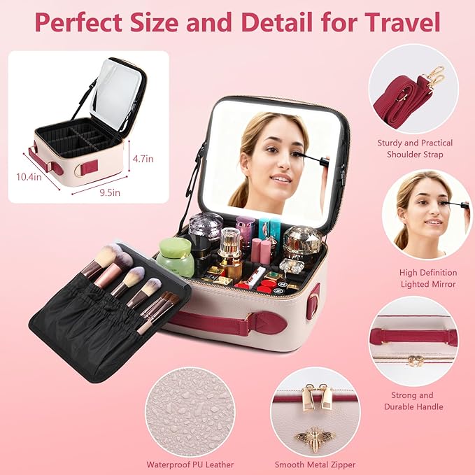GIUWESOY Travel Makeup Bag with Light Up Mirror, Portable Makeup Bag with Led Light Women Waterproof Makeup Travel Case adjustable dividers Rechargeable Vanity Mirror with 3 Color Lights (Pink)