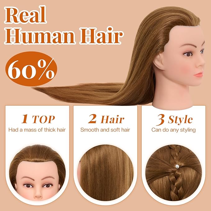 28Inch Mannequin Head with 80% Real Human Hair - Doll Head for Hair Styling Braiding Curling,Cosmetology Mannequin Head with hair with Table Clamp Hair Styling Set (Blonde)