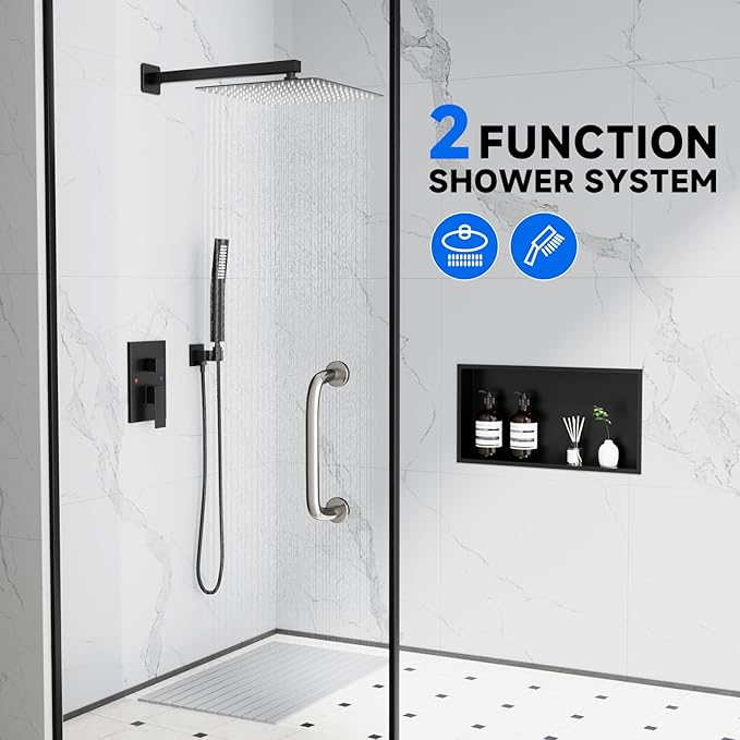 POPFLY 12 Inch Rainfall Shower System with Handheld Spray – Matte Black 2-Function Wall Mounted Faucet Set, Extra Long Shower Arm & Solid Brass Rough-in Valve (Trim Kit Included）