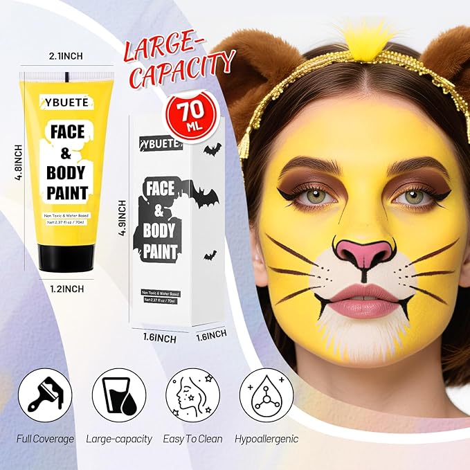 Yellow Water Based Face Body Paint, 2.37 OZ Large Tube Full Coverage Face Paint for Lion Tiger Cosplay, Washable Yellow Body Painting Cream for Adult Carnival Stage Halloween SFX Makeup