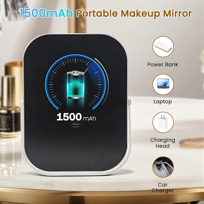 Vanity Mirror with Lights, 6"×8" Travel Makeup Mirror with lights Built-in 1500mAH Battery, Smart Touch with 3-Color Lighting, Dimmable, Compact Desk Mirror, Women Gift, Travel Essentials(White)