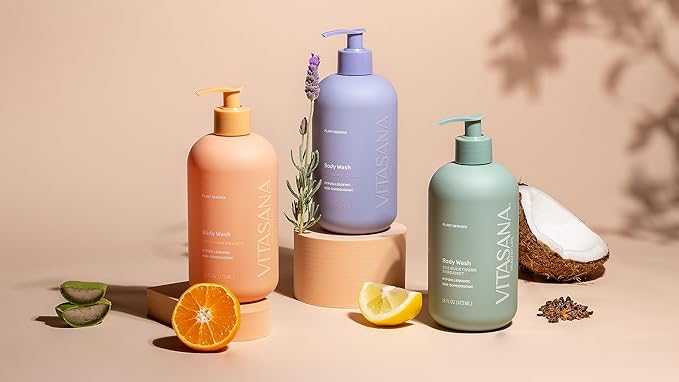 Vitasana Natural Body Wash for Sensitive Skin, 16 oz – Mandarin Orange Scent, 98.9% Plant‑Derived, EWG Verified, Hypoallergenic, Paraben‑Free, Sulfate‑Free, Cruelty‑Free