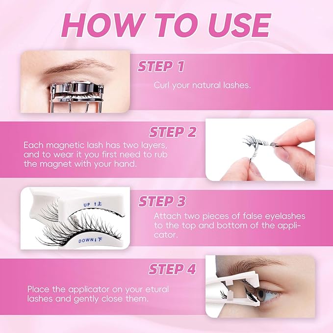 FADLASH Magnetic Eyelashes with Applicator Reusable Magnetic Lashes Natural Look 4 Pairs with Clamp No Glue Needed False Eyelashes Kit Easy to Wear (KS01+B1+MC+K8)