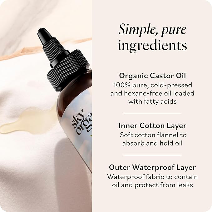 Sky Organics 8 oz Castor Oil w/Wraps | Reusable Organic Castor Oil Pack to Boost Body's Wellness, Encourage Rest & Relaxation | Adjustable Elastic Straps Cotton Durable Easy to Use