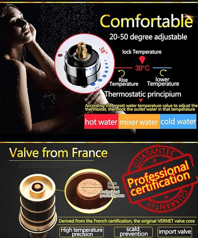 Cascada Luxury Bathroom Shower Set with Luxury Water Power LED Shower Head (Wall Mount) Rainfall Thermostatic 6 Massage Jets Spray Body Shower Set (10", Chrome)