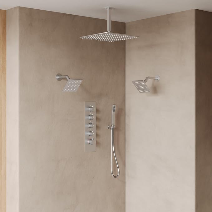 EVERSTEIN Thermostatic Shower system, 16, 6 in. Bathroom Shower Set Wall Mount Dual Shower Head Faucet in Brushed Nickel