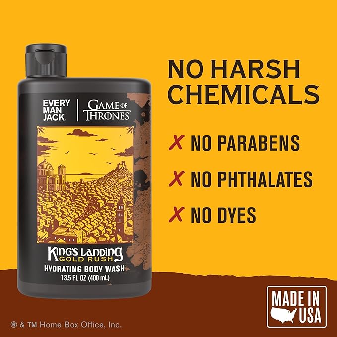 Every Man Jack Game of Thrones Collectors Body Wash - Clean Ingredients - King's Landing - Gold Rush Scent - 13.5 oz (Pack of 2)