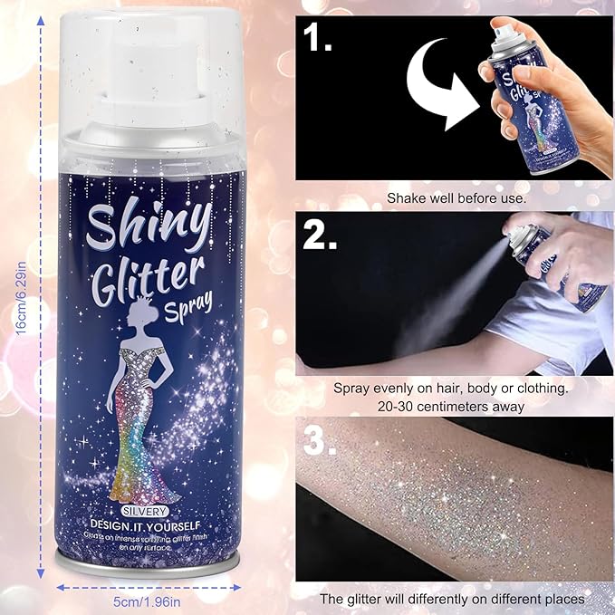 Hair and Body Glitter Spray,Long Lasting Quick-Drying Silver Shimmer Mist for Music Festival Revelry, Nightclub Parties and Balls,Hairspray for Clothes, Face Glitter Spray 4.22 Fl Oz (Silver)