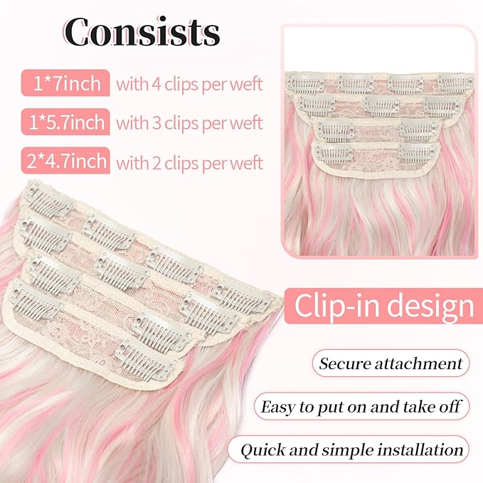 KooKaStyle Clip in Synthetic Hair Extensions Long Wavy 4PCS Thick Hairpieces Blonde with Pink Highlight Fiber Double Weft Natural Hair Extensions 20 Inch for Women