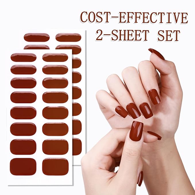 WOKOTO 2 Sheets Semi Cured Gel Nail Strips (Brown)-16 Pcs Per Sheet Gel Nail Stickers | Gel Nail Wraps | Uv Light Required, Salon Quality, Real Nail Polish Strips Stick On Nails Kit With Nail File