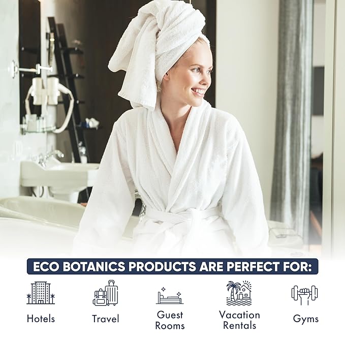 Eco Botanics Hotel Amenities Set | 10.14oz Pump Bottles | Shampoo, Conditioner, Hand & Body Wash, and Lotion | Set of 12