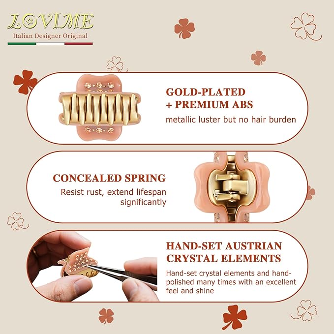 1.2" Mini Clover Claw Clips for Girls Kids - 18K Gold Plated Small Pink Hair Clips for Side Bangs & Braids, Rhinestone Hair Accessories for Fine Hair, Cute Birthday Gift for Daughter