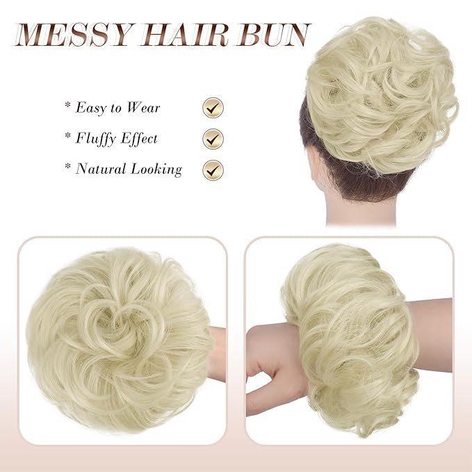 FESHFEN Messy Bun Hair Piece - Large Elastic Wavy Curly Hair Bun Scrunchies Ponytail Extensions Synthetic Chignon Hairpieces for Women, Platinum Blonde 1.94oz