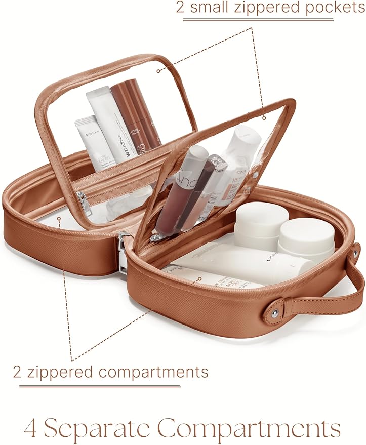 Oaque Clear Cosmetic Bag Double Layer Travel Toiletry Bag Clear Makeup Bag Case with 4 Compartments, Transparent Travel Bag for Toiletries, Large Toiletry Bag for Women Cosmetic Case (Brown, Small)