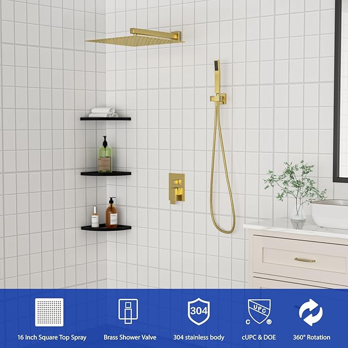 Dcolora 16 In. Rainfall Shower System with Handheld, Gold Shower Faucet Set for Bathroom, Brass Valve, 304 Stainless Steel, Anti-Scald cUPC Certified (Brushed Gold, 16 Inch)