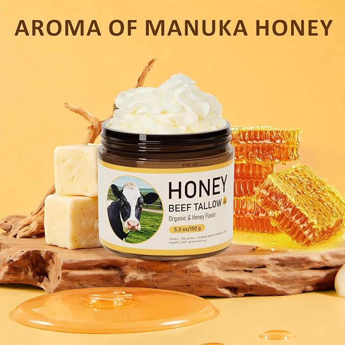 Beef Tallow, Beef Tallow for Skin, Tallow Face Moisturizer, Honey-Flavoured Whipped Tallow Face Cream Moisturizer Beef Tallow Blam Grass Fed Body Lotion Skin Care, 5.3 OZ