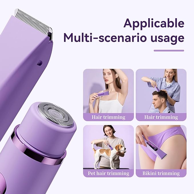 Bikini Trimmer for Women Electric–Double Head Dual Purpose, Ceramic Blade,IPX7 Waterproof,LCD Power Display,USB Rechargeable,Wet/Dry Painless Hair Removal for Face & Body (Violet)
