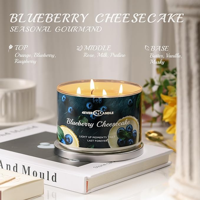 4EVER Scented Candles | 4-Wick 18oz Soy Wax Candle | Up to 50Hrs Clean Burn | Aromatherapy Candles for Home Scented | Gifts for Women & Mom, Blueberry Cheesecake