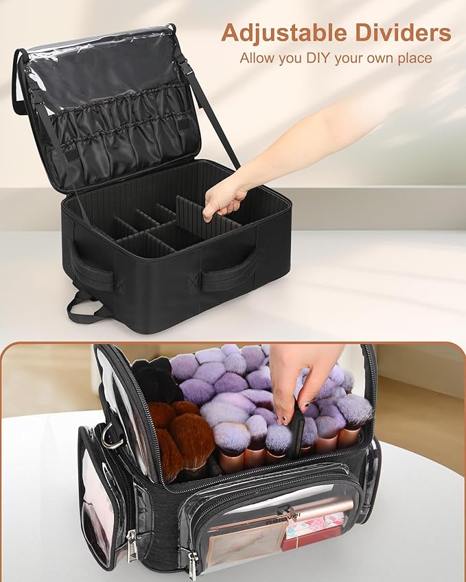 Relavel Makeup Bag Travel Train Case Makeup Backpack with 4 Clear Bags & Makeup Brush Case, Professional Makeup Artist Kit Set Bags, Cosmetics Storage Organizer Box with Adjustable Dividers, Black