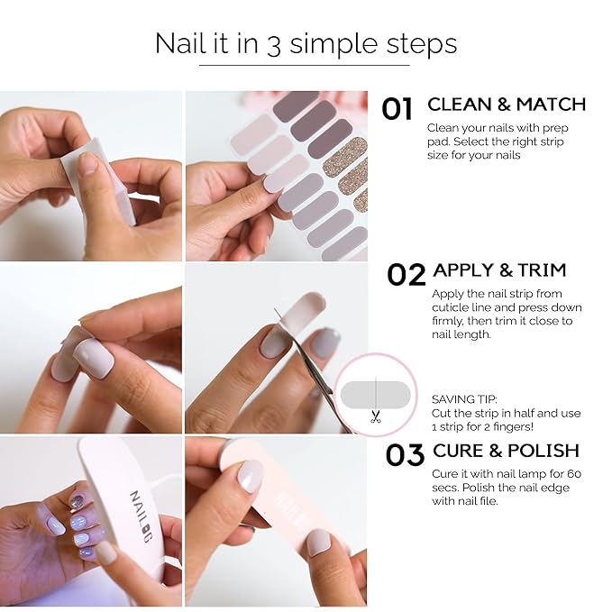 NAILOG Semi Cured Nail Strips (20 Extra Long Gel Nail Strips) │ Glossy & Long Lasting Nail Polish Stickers with Soft Gel Finishing │Noir
