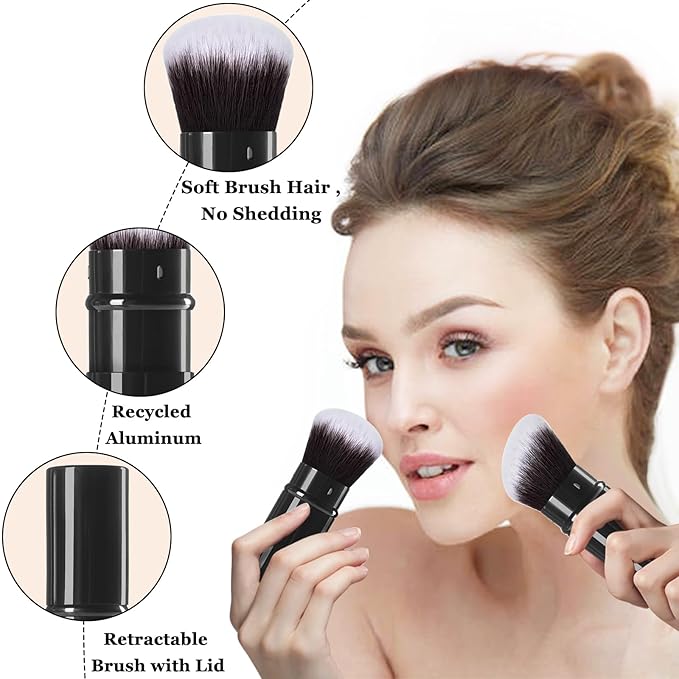 Keriloo Retractable Makeup Brush, 2 Pack Kabuki Travel Powder Foundation Makeup Brush Face Blush Brushes for Blending Liquid, Blush, Bronzer, Buffing, Sunscreen,Flawless Cosmetics