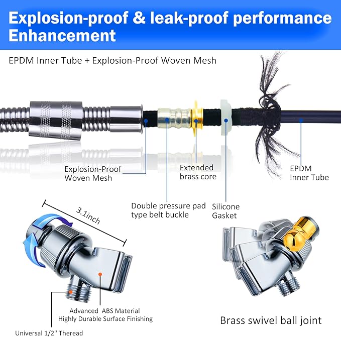 CWPW High Pressure Shower Heads, Handheld Turbo Fan Shower, Hydro Jet Shower Head with 79 Inch Hose,Bracket,Cotton Filters and Bath Loofah, One Key Pause Switch 360 Degrees Rotating (Blue with hose)