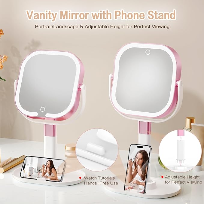 Makeup Mirror with Lights, 1X/10X Magnifying Vanity Mirror with 3 Colors, 2000mAh Rechargeable Double Sided Magnifying Mirror, Height Brightness Adjustable, 360° Rotation Vanity（Rose）