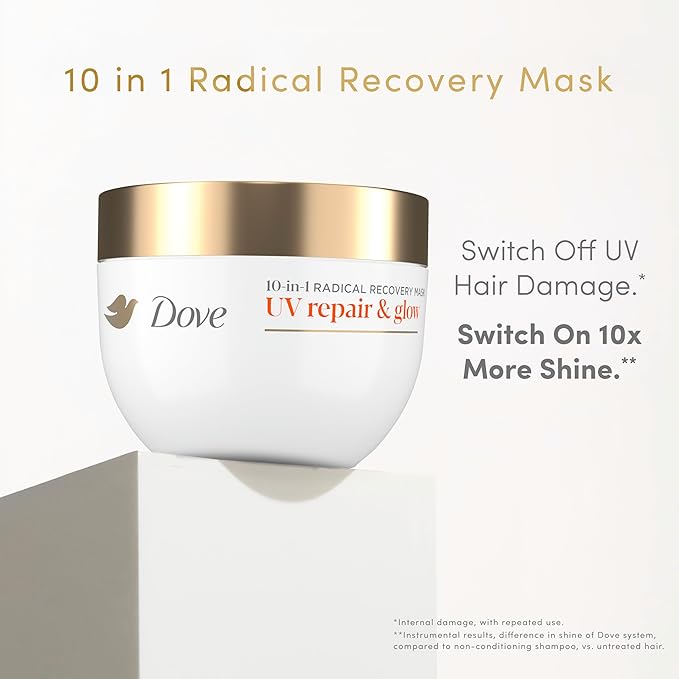 Dove Radical Recovery 10-in-1 Hair Mask 1ct UV Repair & Glow Deep recovery from 99% of UV hair damage with Melting Lumi-Beads 9.2 oz