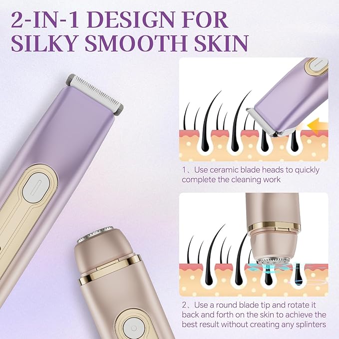 Bikini Trimmer for Women, 2-in-1 Dual Head Electric Razor, IPX6 Waterproof Wet/Dry Use Women Electric Shaver, Painless Body Hair Trimmer, Facial & Pubic Hair Remover for Underarm, Leg, Arm, Purple