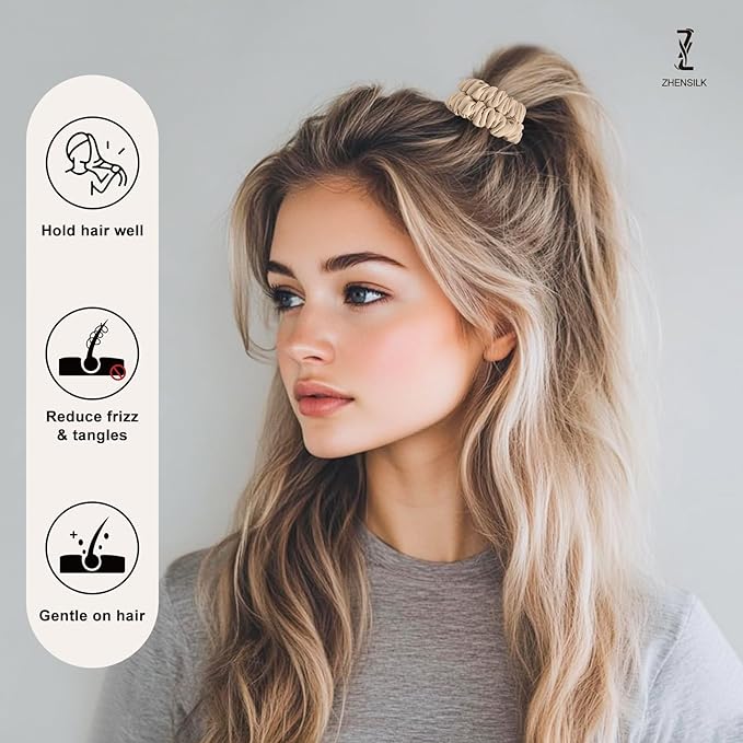 8Pcs Silk Scrunchies Hair Ties for Women & Girls, Mulberry Silk Scrunchies No-Damage Thin Satin Ponytail Holders for Hair Care(Clolor 04)
