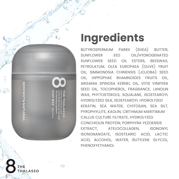 8 THE THALASSO Hydrating Hair Styling Clay Wax for Semi-Matte Finish, Non-Sticky Hair Wax from Japan with Natural Oils & Deep Ocean Water, SEMIWET & NATURAL, Aqua White Floral Scent, 1.41 Oz / 40g