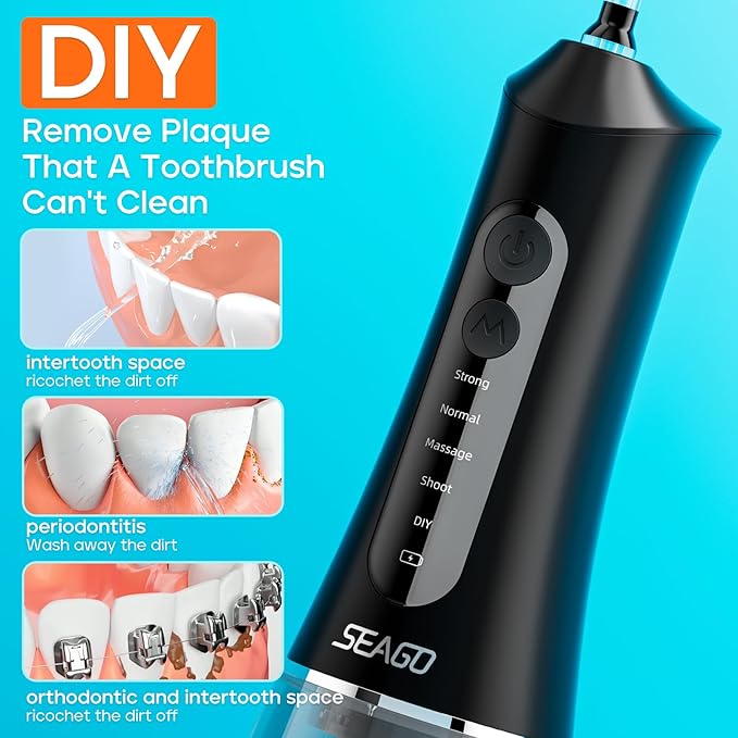 SEAGO Water Dental Flosser Cordless for Teeth, 5 Modes and 7 Nozzles, Dental Water Flosser 300mL, DIY Mode Memory Function, IPX7 Waterproof Dental Flosser, SG8019 Black