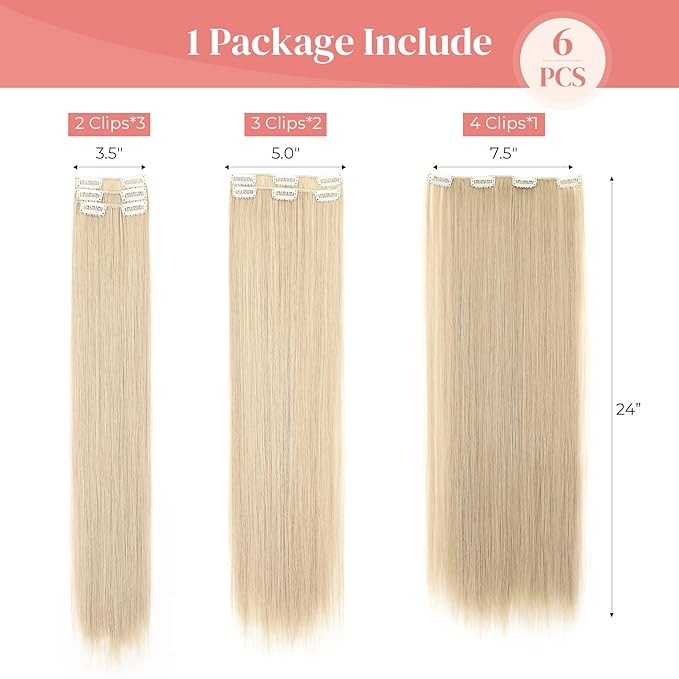 Clip in hair extensions，LONAI 6PCS Straight 24" Blonde Hair Extensions for Women，Heat Resistant Synthetic Hairpiece-Platinum Blonde