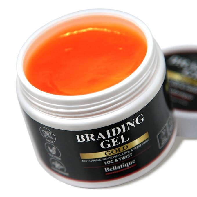 BELLATIQUE GOLD Braiding Gel Maximum Hold for LOC & Twist - No Flaking, No Whitening, Fast Drying, High Shine, Cool & Refreshing, Long Lasting Hold (10 oz)