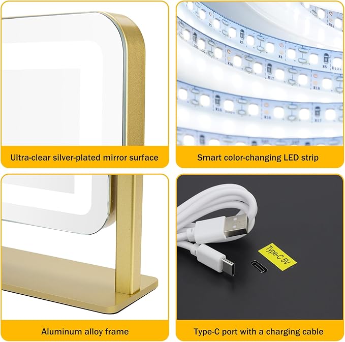 Vanity Mirror with Lights, 12.2"×15" Large LED Makeup Mirror with Light, HD Mirror, Smart Touch with 3-Color Lighting, Dimmable, 360° Rotation, Lighted Up for Vanity Desk Tabletop, Bedroom (Gold)